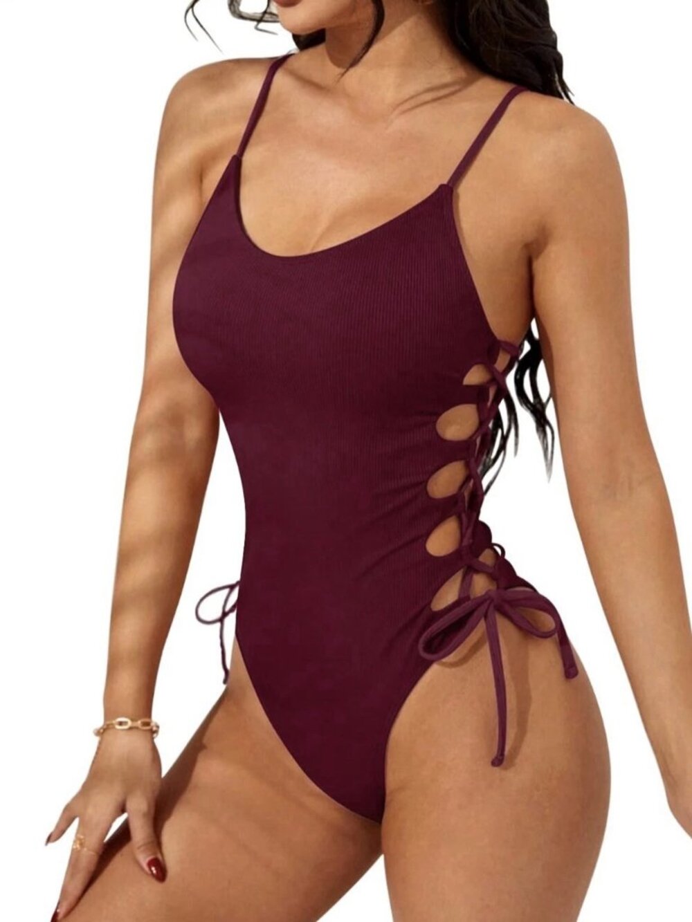 Women's Swim Burgundy Ribbed Lace-Up Bodysuit / Swimsuit (Size Medium)